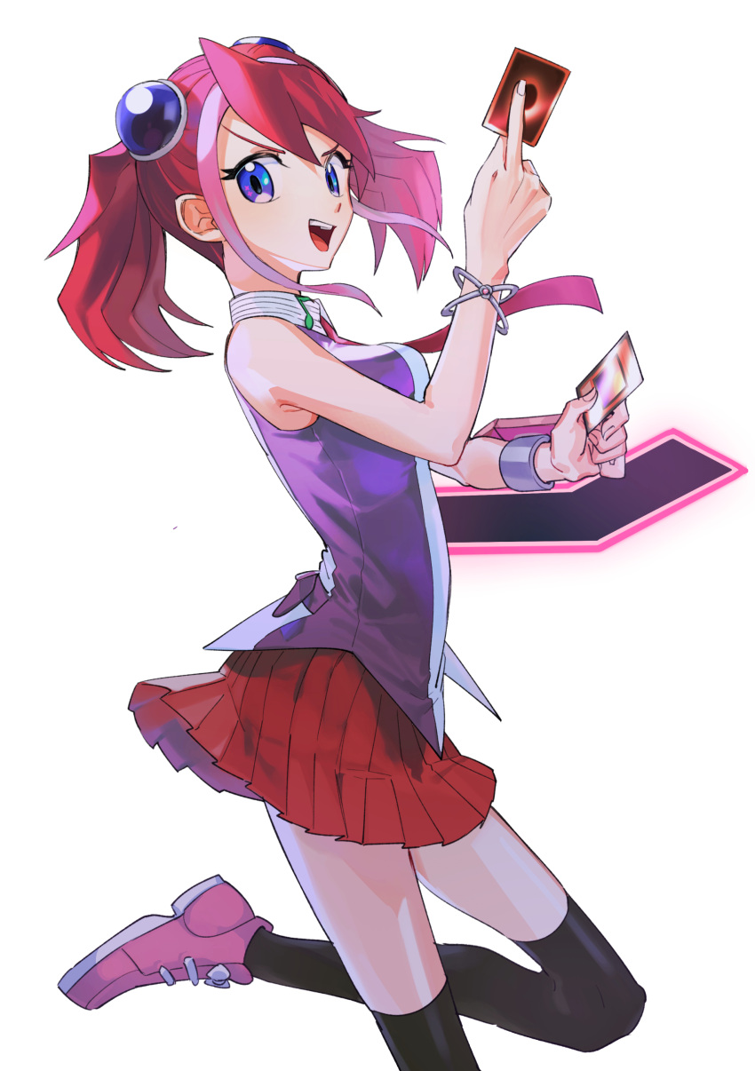 1girl :d absurdres bare_arms black_thighhighs blue_eyes bracelet card duel_disk from_side hair_ornament highres hiiragi_yuzu holding holding_card ikaikakka jewelry long_hair long_sleeves looking_at_viewer miniskirt open_mouth pink_footwear pleated_skirt purple_shirt red_skirt redhead shirt simple_background skirt sleeveless sleeveless_shirt smile solo standing thigh-highs twintails white_background yu-gi-oh! yu-gi-oh!_arc-v zettai_ryouiki
