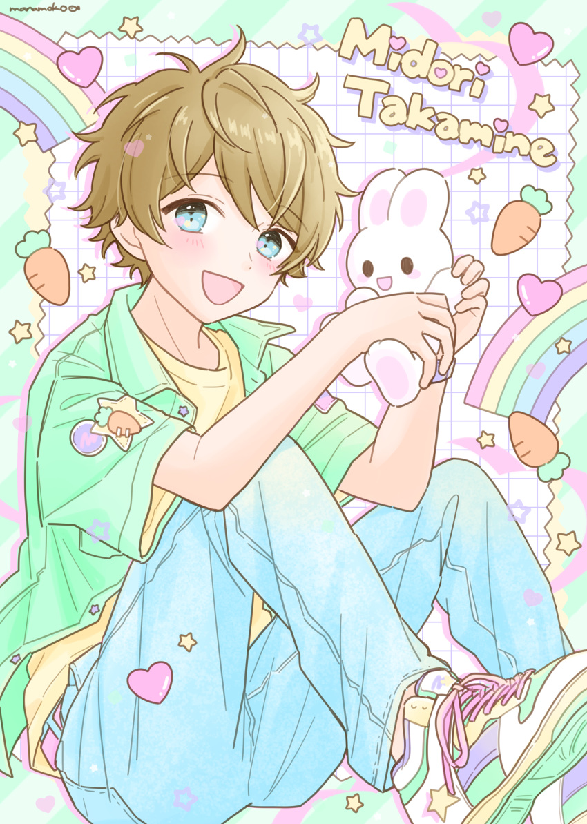 1boy absurdres aqua_eyes blue_pants blush carrot character_name denim ensemble_stars! green_background green_jacket happypuppy_guu heart highres jacket jeans light_brown_hair looking_at_viewer male_focus open_mouth pants rainbow shirt short_hair short_sleeves smile solo stuffed_animal stuffed_rabbit stuffed_toy takamine_midori white_background yellow_shirt