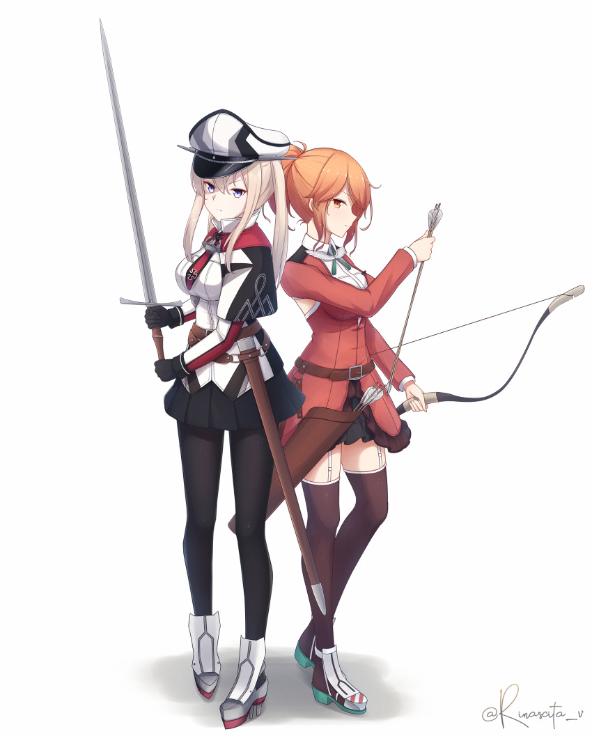 2girls absurdres aquila_(kancolle) armpit_cutout arrow_(projectile) aticsanir belt black_gloves black_pantyhose black_skirt black_thighhighs blonde_hair bow_(weapon) brown_belt capelet celtic_knot clothing_cutout cross garter_straps gloves graf_zeppelin_(kancolle) graf_zeppelin_kai_(kancolle) green_ribbon hair_between_eyes hair_ornament hairclip hat high_ponytail highres holding holding_arrow holding_bow_(weapon) holding_sword holding_weapon iron_cross jacket kantai_collection long_hair long_sleeves military_uniform miniskirt multiple_girls necktie orange_eyes orange_hair pantyhose peaked_cap photoshop_(medium) pleated_skirt ponytail quiver red_jacket red_necktie ribbon scabbard sheath sidelocks skirt standing sword thigh-highs twintails two-handed_sword uniform unsheathed wavy_hair weapon white_garter_straps