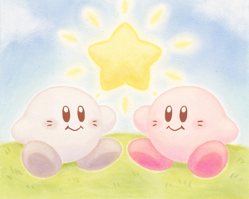 black_eyes blue_sky bright_pupils closed_mouth clouds dual_persona facial_mark highres kirby kirby's_dream_land kirby_(series) no_humans official_alternate_color on_grass outdoors siho1209 sitting sky star_(symbol) whisker_markings white_pupils