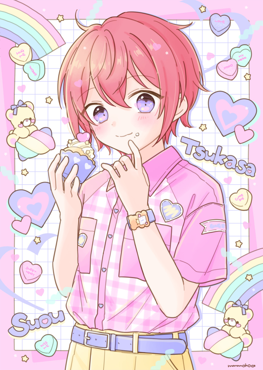 1boy absurdres belt character_name crumbs cupcake ensemble_stars! food happypuppy_guu heart highres holding holding_food long_hair male_focus multicolored_background pants pink_background pink_shirt purple_belt rainbow redhead shirt short_hair short_sleeves solo star_(symbol) stuffed_animal stuffed_toy suou_tsukasa teddy_bear violet_eyes white_background yellow_pants