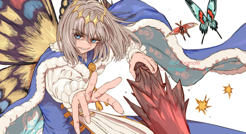 1boy absurdres arthropod_boy artist_name b4paramore blue_cloak blue_eyes bug butterfly butterfly_wings cloak crown diamond_hairband fate/grand_order fate_(series) fur-trimmed_cloak fur_trim grey_hair highres holding holding_polearm holding_weapon insect_wings long_sleeves looking_at_viewer male_focus medium_hair moth oberon_(fate) polearm simple_background smile solo upper_body weapon white_background wings