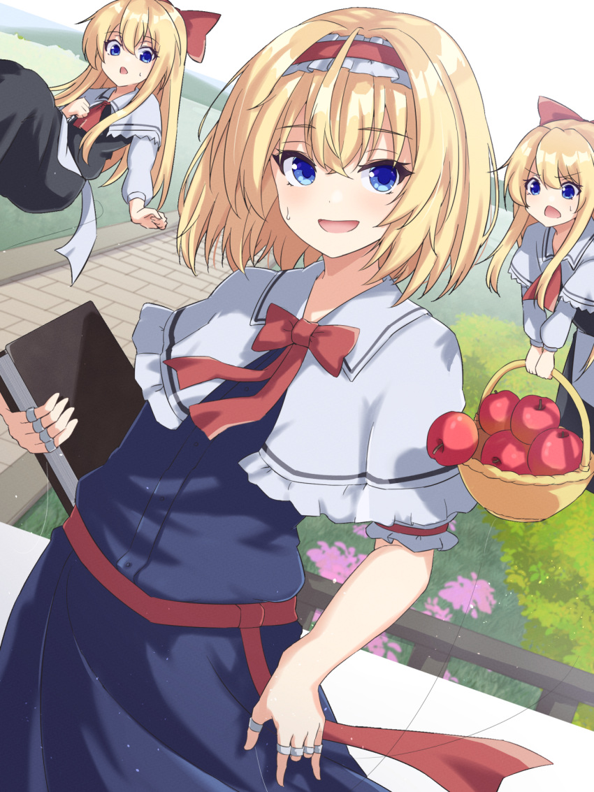 1girl alice_margatroid apple basket black_dress blonde_hair blue_dress blue_eyes blush book bow capelet dress food fruit hairband highres holding holding_basket holding_book holding_food holding_fruit jewelry lolita_hairband looking_at_another looking_at_viewer medium_hair open_mouth puffy_short_sleeves puffy_sleeves red_bow remiria100 ring shanghai_doll short_sleeves sky smile solo touhou toy white_capelet