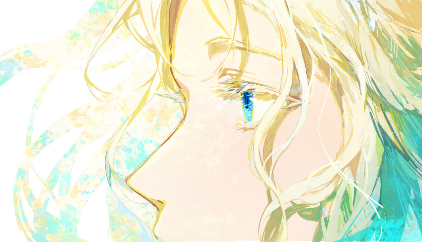 1girl aqua_hair blonde_hair blue_eyes c-i close-up colored_eyelashes eye_focus final_fantasy final_fantasy_xiv from_side highres limited_palette looking_afar looking_ahead multicolored_hair profile solo venat_(ff14) wavy_hair