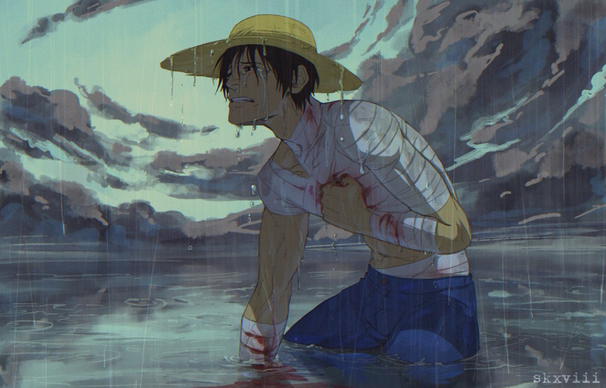 1boy artist_name bandaged_chest bandaged_leg bandages black_hair blood blood_on_chest clenched_hand clouds cloudy_sky crying crying_with_eyes_open hat kneeling monkey_d._luffy one_piece rain short_hair sid_(skxviii) sky solo straw_hat tears