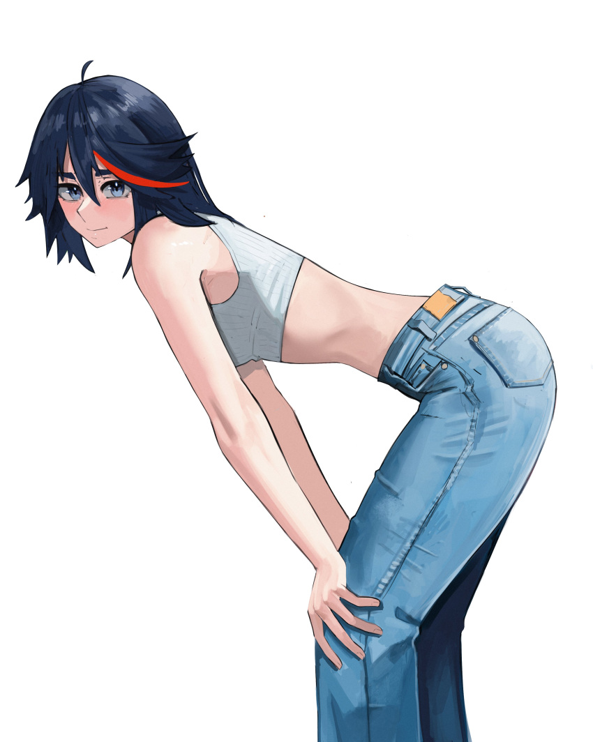 1girl absurdres ahoge alternate_costume bare_arms bare_shoulders bent_over black_hair blue_eyes breasts closed_mouth crop_top denim feet_out_of_frame highres jeans kill_la_kill matoi_ryuuko medium_hair multicolored_hair pants shiny_skin short_hair simple_background smile solo tefi_blum tomboy white_background