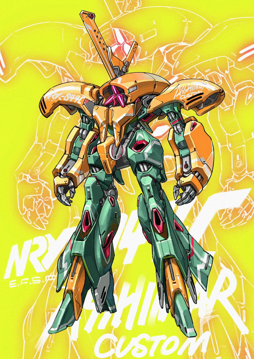 asshimar english_commentary full_body gundam highres horns joints mecha mobile_suit negasw no_humans original robot robot_joints single_horn solo standing yellow_background zoom_layer