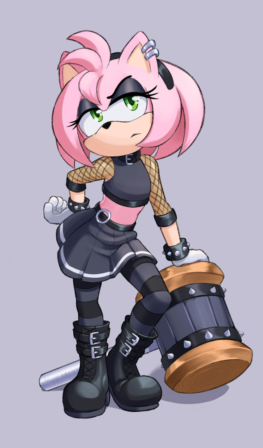 1girl alternate_costume amy_rose black_footwear black_headband black_shirt black_skirt black_thighhighs boots bracelet crop_top dstears_art earrings fishnet_armwear gothic green_eyes grey_background hammer hand_on_own_hip headband highres jewelry looking_at_viewer midriff pleated_skirt shirt simple_background skirt solo sonic_(series) spiked_bracelet spikes striped striped_thighhighs thigh-highs weapon