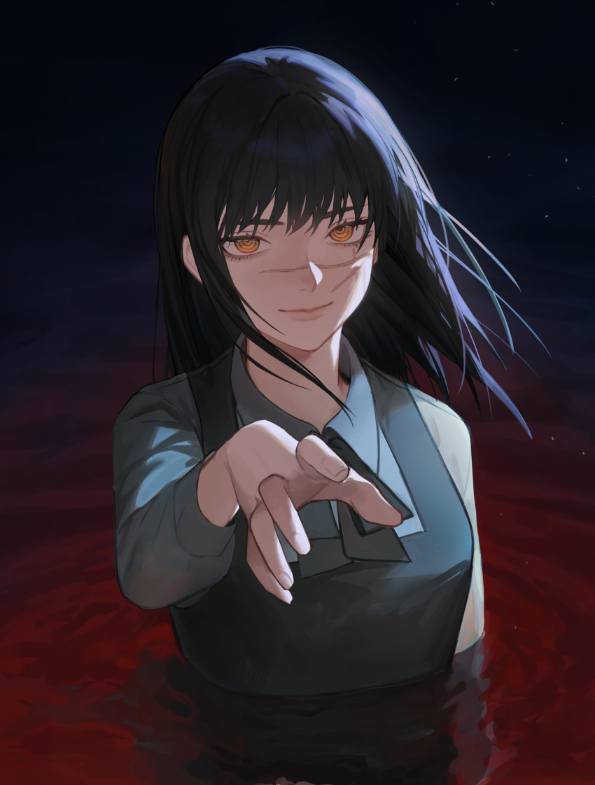 1girl absurdres black_hair black_vest bow bowtie chainsaw_man closed_mouth collared_shirt floating_hair grey_bow grey_bowtie grey_shirt highres long_hair long_sleeves looking_at_viewer mitaka_asa neko_yuusya partially_submerged reaching reaching_towards_viewer scar scar_on_cheek scar_on_face shirt smile solo straight_hair upper_body vest war_devil_(chainsaw_man) wing_collar yellow_eyes