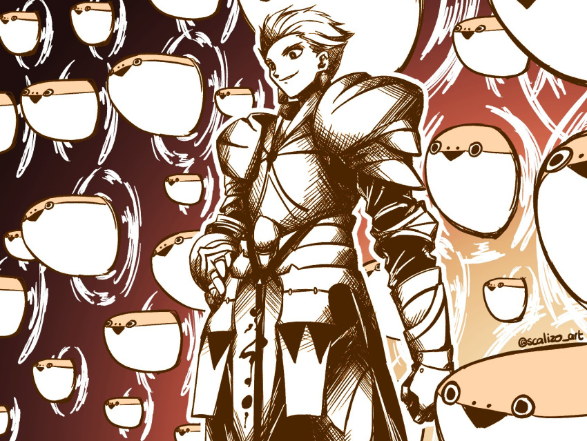 1boy animal_focus armor closed_mouth commentary cowboy_shot fate/zero fate_(series) fish gate_of_babylon_(fate) gauntlets gilgamesh_(fate) highres male_focus monochrome orange_theme portal_(object) sacabambaspis scalizo smile solo standing triangle_mouth