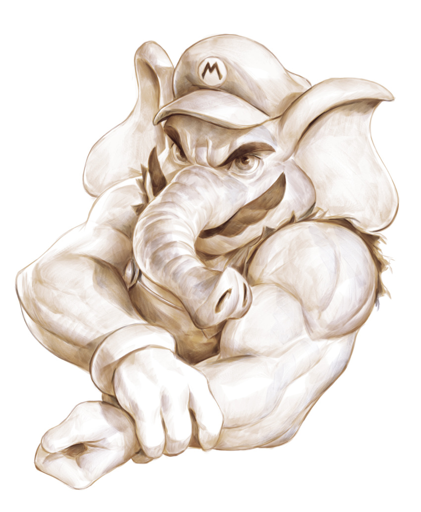 1boy cropped_torso dave_rapoza elephant_boy elephant_ears english_commentary facial_hair furry furry_male gloves hat highres looking_at_viewer male_focus mario muscular muscular_male mustache solo super_mario_bros. upper_body