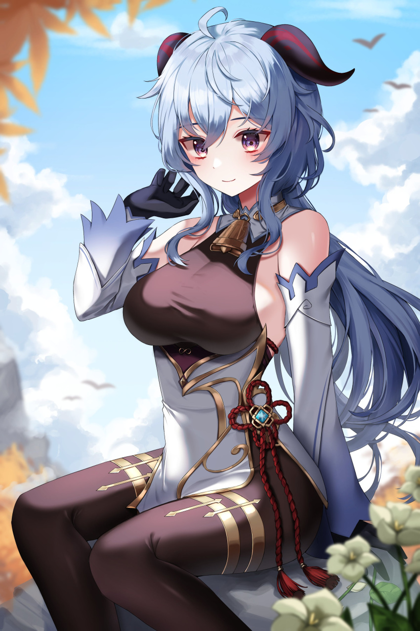 1girl absurdres ahoge bare_shoulders bell black_pantyhose blue_hair blush breasts chinese_knot detached_sleeves flower flower_knot ganyu_(genshin_impact) genshin_impact gold_trim highres horns long_hair looking_at_viewer medium_breasts neck_bell nq_(nnq_q) outdoors pantyhose qingxin_flower sidelocks sitting smile solo tassel thighlet violet_eyes vision_(genshin_impact) white_flower white_sleeves