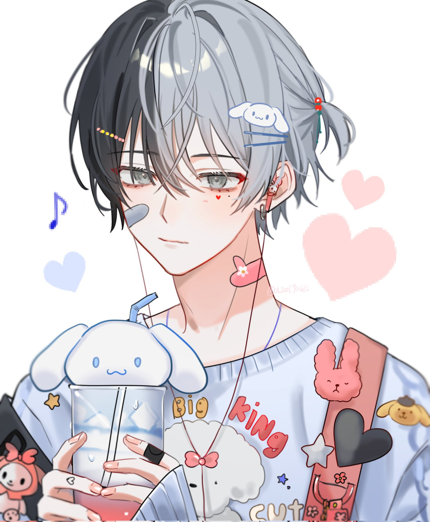 1boy a20190422 alternate_costume aoyagi_touya bandaid bandaid_on_face bandaid_on_neck blue_hair bow cinnamoroll closed_mouth commentary cup dark_blue_hair dog drinking_straw earrings fingernails grey_eyes hair_between_eyes hair_tie heart highres holding holding_cup hoop_earrings jewelry long_sleeves male_focus mole mole_under_eye multicolored_hair multiple_hairpins musical_note nail_polish pink_nails project_sekai rabbit sanrio short_hair solo split-color_hair star_(symbol) sweater symbol-only_commentary two-tone_hair upper_body white_background