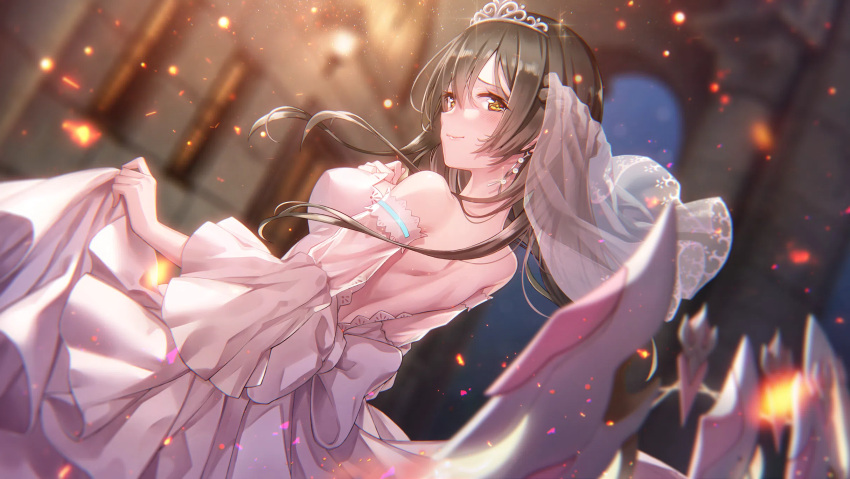 1girl back_bow blush bow braid breasts bride brown_hair clothes_lift crown crown_braid detached_sleeves dress dress_lift earrings french_braid hair_between_eyes heaven_burns_red highres jewelry large_breasts long_hair non-web_source official_art ooshima_ichiko solo sparks wedding_dress yellow_eyes