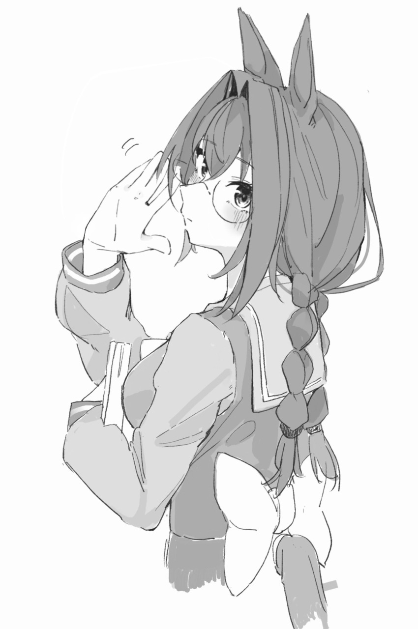 1girl adjusting_eyewear animal_ears blush book braid breasts closed_mouth cropped_torso daiwa_scarlet_(umamusume) glasses greyscale hair_intakes hand_up highres holding holding_book horse_ears horse_girl horse_tail long_hair long_sleeves looking_at_viewer looking_back monochrome motion_lines round_eyewear sailor_collar shirt small_breasts solo tail tail_through_clothes techi_(siro-white_0803) twin_braids umamusume upper_body