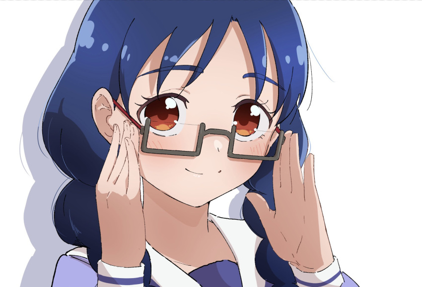 1girl adjusting_eyewear artist_request blush braid brown_eyes eyelashes glasses go!_princess_precure happy highres long_hair looking_at_viewer low_twin_braids low_twintails nanase_yui precure simple_background smile solo source_request twin_braids twintails white_background