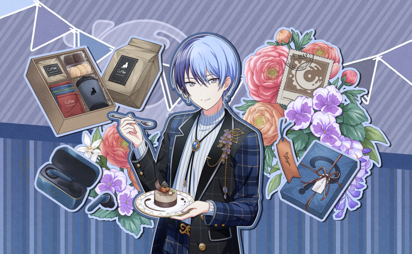 1boy almond aoyagi_touya blue_hair bow brooch buttons cake character_name closed_mouth coffee colorful_palette cowboy_shot cup dark_blue_hair flower food grey_eyes highres holding holding_plate holding_spoon jacket jewelry lanyard lapels leaf long_sleeves looking_at_viewer male_focus mole mole_under_eye multicolored_hair notched_lapels official_art open_clothes open_jacket plaid plaid_jacket plate project_sekai solo split-color_hair spoon stamp_mark string_of_flags striped sweater third-party_source turtleneck turtleneck_sweater two-tone_hair vertical_stripes wireless_earphones