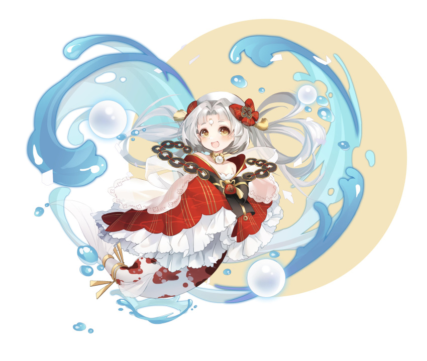 1girl :d absurdres bare_shoulders bow bubble circle clover_theater coin fins fish_tail full_body hair_bow hair_intakes hair_rings heart_of_water hello_kiki highres holed_coin japanese_clothes kimono long_hair long_sleeves mermaid monster_girl off_shoulder parted_bangs red_bow red_kimono shiro_(clover_theater) sleeves_past_fingers sleeves_past_wrists smile solo tail water white_background white_hair white_headwear wide_sleeves yellow_eyes