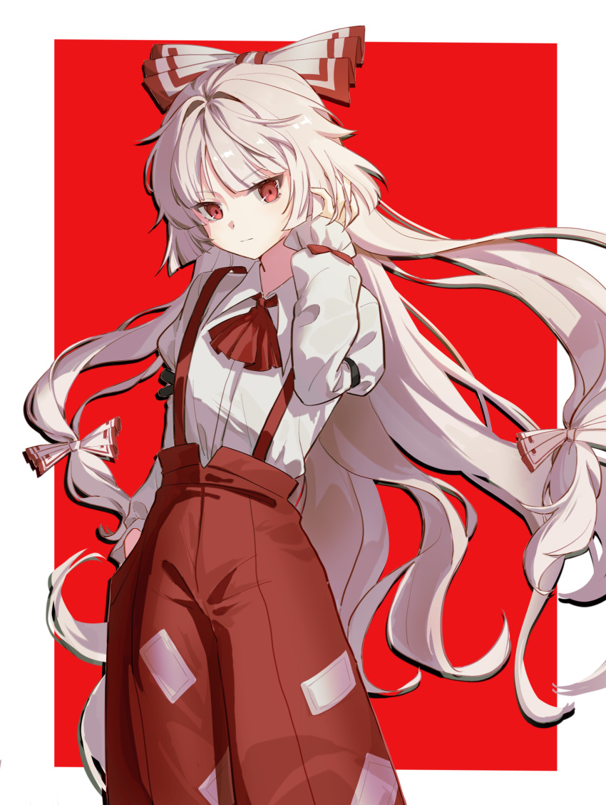 1girl absurdres arm_strap ascot bow closed_mouth commentary_request cowboy_shot expressionless fujiwara_no_mokou hair_bow hand_in_pocket hand_up highres juliet_sleeves long_hair long_sleeves looking_at_viewer pants puffy_sleeves red_ascot red_bow red_eyes red_pants shiewaitiaokuan solo suspenders touhou very_long_hair white_bow white_hair