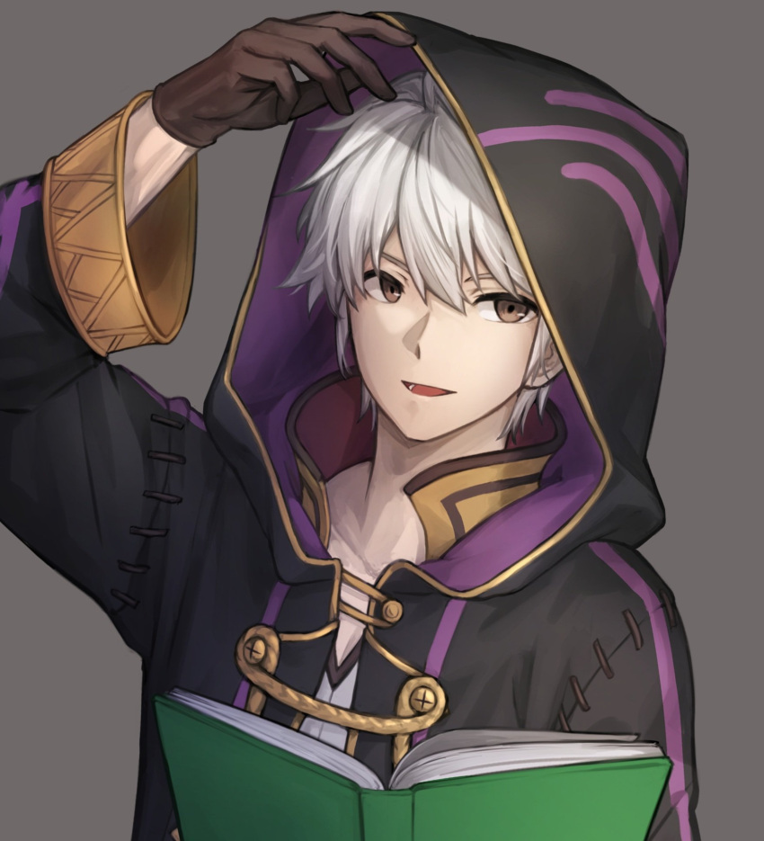 1boy black_gloves black_robe book brown_eyes commentary fire_emblem fire_emblem_awakening gloves grey_background hair_between_eyes highres holding holding_book hood hood_up hooded_robe long_sleeves looking_at_viewer male_focus open_mouth robe robin_(fire_emblem) robin_(male)_(fire_emblem) short_hair simple_background smile solo white_hair zuzu_(ywpd8853)