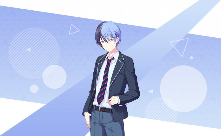1boy adjusting_clothes aoyagi_touya belt black_belt blazer blue_hair blue_pants circle closed_mouth collar collared_shirt colorful_palette cowboy_shot dark_blue_hair diagonal-striped_necktie dot_nose grey_eyes highres jacket kamiyama_high_school_uniform_(project_sekai) lapels long_sleeves looking_at_viewer male_focus mole mole_under_eye multicolored_hair notched_lapels official_art open_clothes open_collar open_jacket pants project_sekai school_uniform shirt solo split-color_hair third-party_source triangle two-tone_hair white_collar