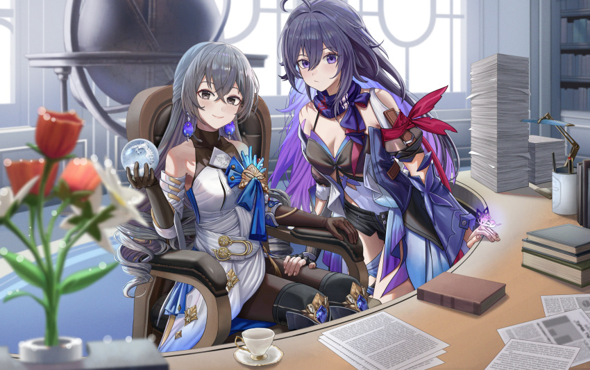 2girls bare_shoulders black_footwear black_gloves blush boots bronya_rand chair closed_mouth crossed_bangs cup earrings elbow_gloves flower gloves grey_eyes grey_hair hand_on_another's_thigh highres holding honkai:_star_rail honkai_(series) indoors jewelry long_hair multiple_girls paper paper_stack papers purple_hair seele_(honkai:_star_rail) silvertsuki sitting smile thigh_boots violet_eyes