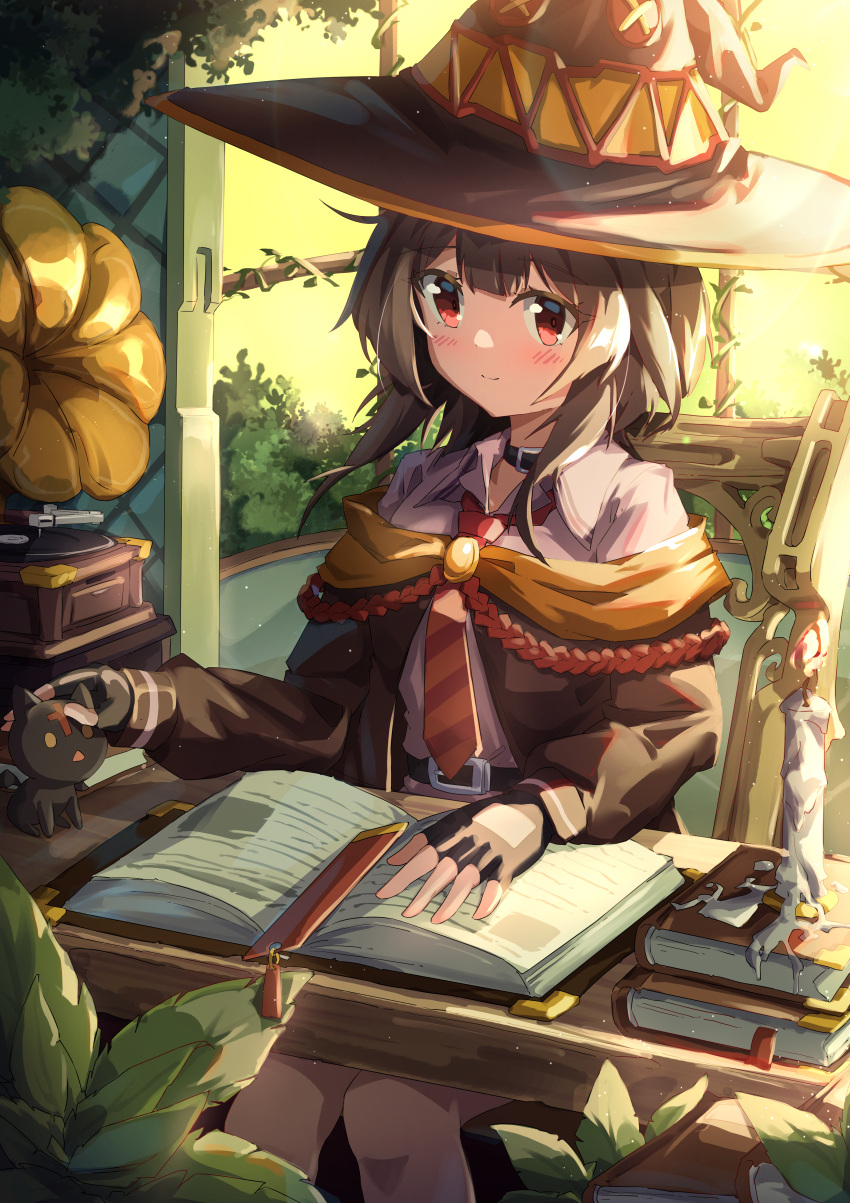 1girl absurdres bat_wings belt belt_buckle black_belt black_cat black_cloak black_gloves black_headwear blush book book_stack bookmark breasts brown_hair buckle candle cat chair check_commentary chinese_commentary chomusuke cloak closed_mouth commentary commentary_request day desk diagonal-striped_necktie dress fingerless_gloves foliage gloves hat highres indoors kitten kono_subarashii_sekai_ni_bakuen_wo! kono_subarashii_sekai_ni_shukufuku_wo! light_smile looking_at_animal megumin mixed-language_commentary necktie on_chair open_book orange_necktie phonograph pink_dress plant reading red_eyes red_necktie red_prison_magic_school_uniform school_uniform sdftehn short_hair short_hair_with_long_locks sitting small_breasts smile solo vines wax window wings witch_hat yellow_eyes