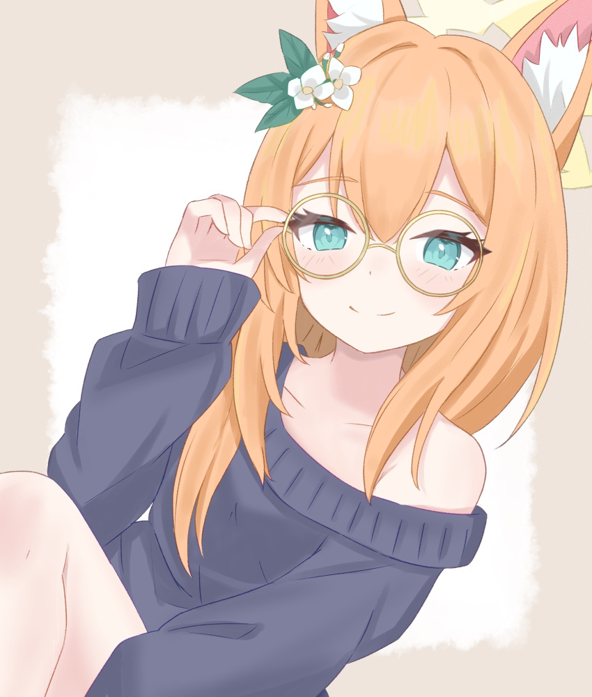 1717inamin 1girl adjusting_eyewear alternate_costume animal_ear_fluff animal_ears bespectacled blue_archive blue_eyes collarbone flower glasses hair_flower hair_ornament halo highres looking_at_viewer mari_(blue_archive) off_shoulder smile solo sweater