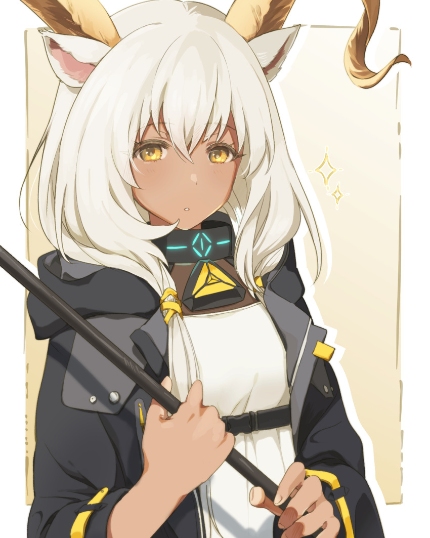 animal_ears arknights beeswax_(arknights) black_jacket blush border collar dark-skinned_female dark_skin dress goat_ears goat_girl goat_horns gradient_background hachi32gyi highres holding holding_staff hood hood_down hooded_jacket horns infection_monitor_(arknights) jacket long_hair long_sleeves looking_at_viewer low_twintails open_clothes open_jacket outside_border parted_lips sparkle staff twintails upper_body white_border white_dress white_hair yellow_background yellow_eyes