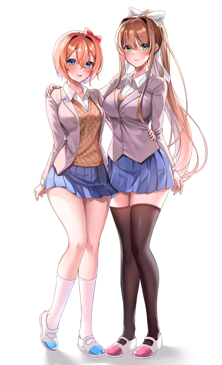 2girls absurdres blazer blue_eyes blue_skirt blush bow breasts brown_hair brown_thighhighs brown_vest buttons closed_mouth collared_jacket collared_shirt commission doki_doki_literature_club english_commentary full_body green_eyes grey_jacket hair_between_eyes hair_bow hand_around_waist hand_on_another's_shoulder hand_up highres jacket large_breasts lips long_hair long_sleeves looking_at_viewer machulanko miniskirt monika_(doki_doki_literature_club) multiple_girls open_clothes open_jacket orange_hair pleated_skirt ponytail red_bow sayori_(doki_doki_literature_club) school_uniform shadow shirt shoes short_hair sidelocks simple_background skirt smile socks teeth thigh-highs vest white_background white_bow white_footwear white_shirt white_socks