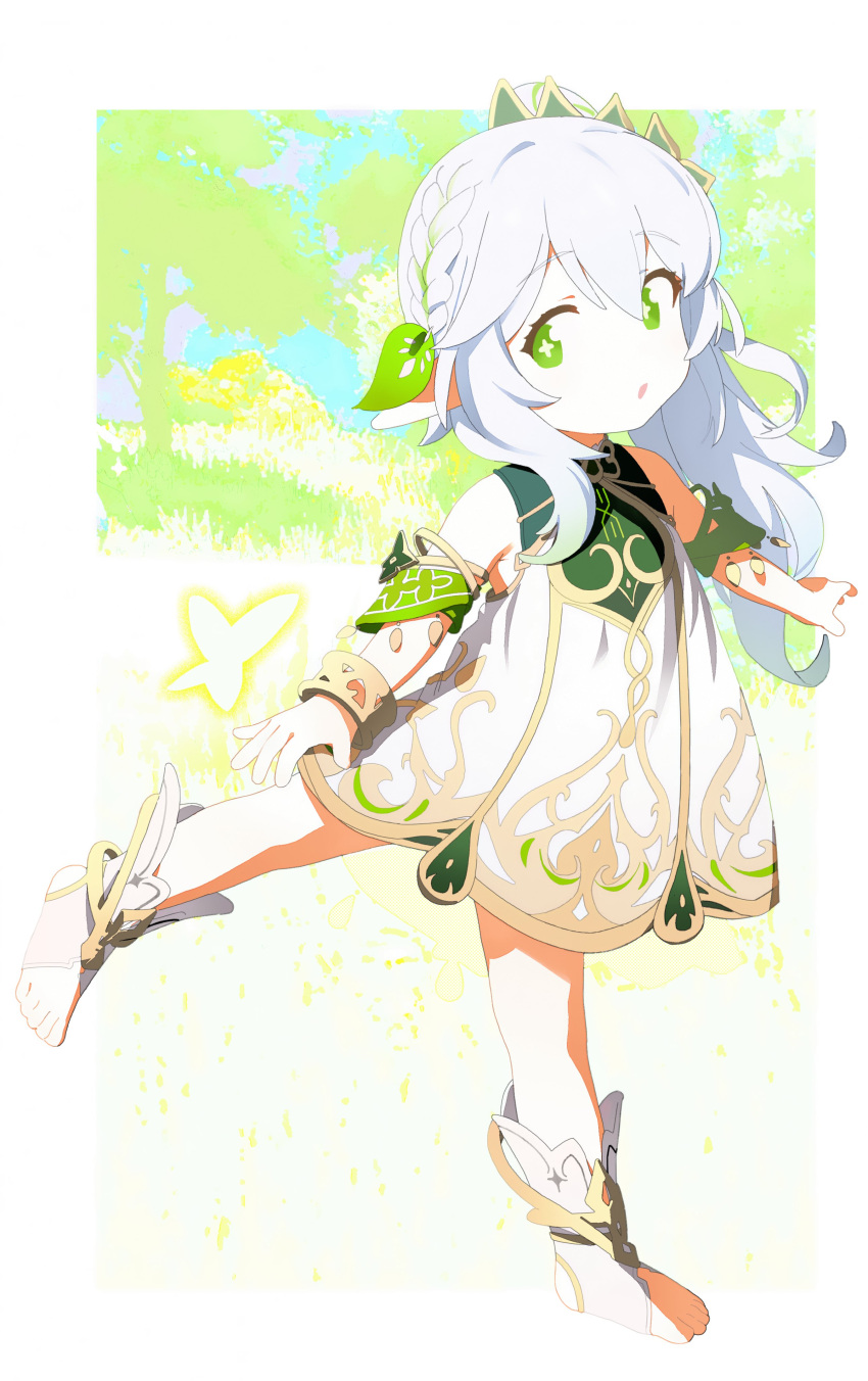 1girl absurdres bug butterfly cross-shaped_pupils detached_sleeves dress full_body genshin_impact green_eyes green_sleeves hair_between_eyes hair_ornament highres jiryu50610218 leaf_hair_ornament long_hair nahida_(genshin_impact) parted_lips pointy_ears ponytail side_ponytail sleeveless sleeveless_dress solo symbol-shaped_pupils tree white_dress white_hair