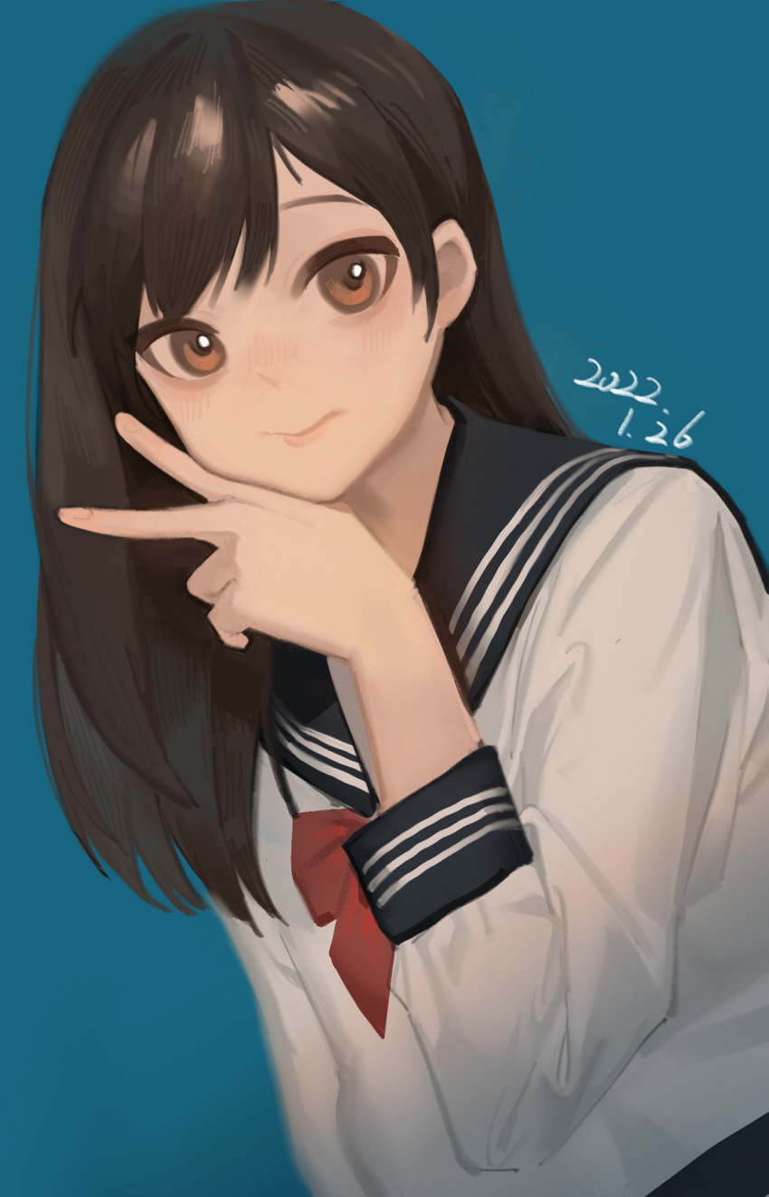 blue_background blue_sailor_collar blush bow bowtie brown_eyes brown_hair dated hand_on_own_cheek hand_on_own_face hand_up highres kofi-mo long_hair long_sleeves looking_at_viewer original red_bow red_bowtie sailor_collar school_uniform serafuku smile solo upper_body v white_serafuku