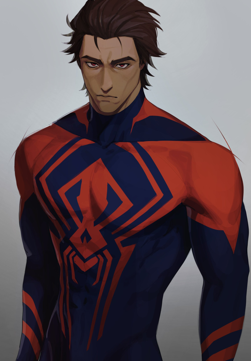 1boy absurdres animal_print blue_bodysuit bodysuit brown_hair dark-skinned_male dark_skin hair_slicked_back highres male_focus marvel miguel_o'hara montaro muscular muscular_male pectorals print_bodysuit red_bodysuit red_eyes solo spider-man:_across_the_spider-verse spider-man_(series) spider_print thick_eyebrows tight_clothes two-tone_bodysuit