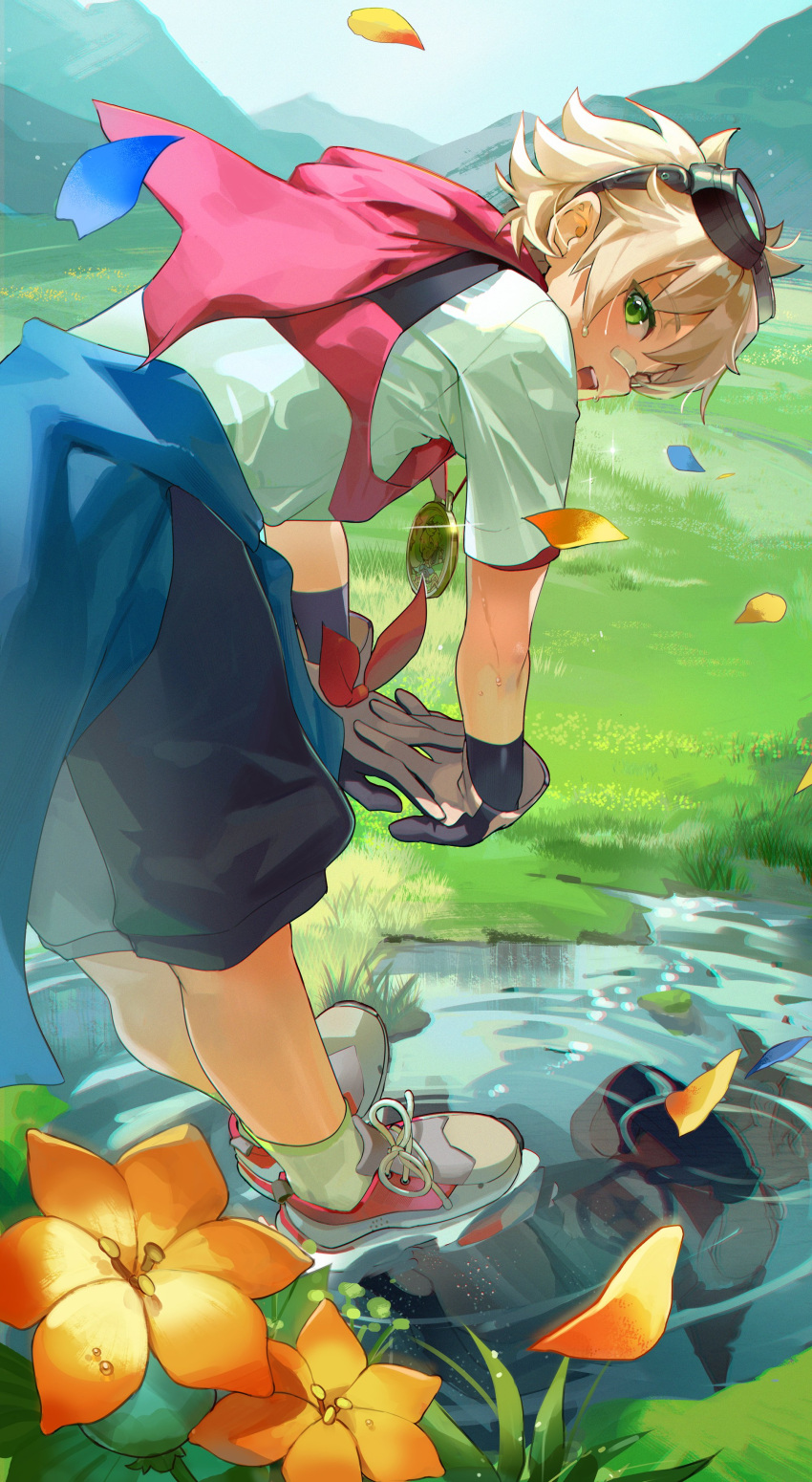 1boy :d absurdres bandaid bandaid_on_face bandaid_on_nose bennett_(genshin_impact) bent_over black_gloves black_shorts blonde_hair commentary flower genshin_impact gloves goggles goggles_on_head grass green_eyes highres looking_at_viewer male_focus open_mouth orange_flower outdoors pond shirt shoes short_hair shorts smile socks solo standing standing_on_liquid stretching symbol-only_commentary teeth upper_teeth_only white_shirt white_socks wumumu