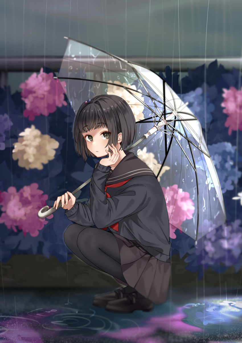 1girl absurdres amemori_sayo black_eyes black_hair black_pantyhose black_serafuku blue_flower brown_skirt bush closed_mouth commentary_request day flower from_side full_body hair_bobbles hair_ornament hand_up highres holding holding_umbrella hydrangea loafers long_sleeves looking_at_viewer looking_to_the_side neckerchief nijisanji no_1pafu one_side_up outdoors over_shoulder overcast pantyhose pink_flower puddle purple_flower rain raised_eyebrows red_neckerchief ripples school_uniform serafuku shoes short_hair skirt sky solo squatting transparent transparent_umbrella umbrella virtual_youtuber yellow_flower
