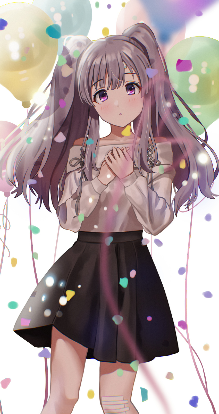 1girl absurdres andoplus balloon bandaid bandaid_on_face bare_shoulders black_skirt blurry blurry_foreground blush breasts collarbone confetti cowboy_shot dot_nose grey_hair hands_on_own_chest hands_up highres idolmaster idolmaster_shiny_colors long_hair long_sleeves looking_at_viewer medium_breasts off-shoulder_shirt off_shoulder parted_lips pleated_skirt shirt sidelocks skirt solo standing twintails violet_eyes white_background white_shirt yukoku_kiriko