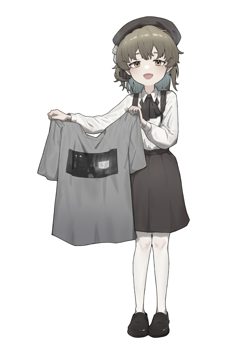 1girl absurdres beret black_headwear black_ribbon black_skirt brown_eyes brown_hair collared_shirt colored_inner_hair commentary_request fang flower full_body grey_hair grey_shirt hair_flower hair_ornament hair_ribbon half-closed_eyes hands_up hat hatoba_tsugu highres holding holding_clothes holding_shirt long_sleeves looking_at_viewer medium_hair multicolored_hair namae_kunn neck_ribbon open_mouth outstretched_arm pantyhose photo_inset print_shirt raised_eyebrows ribbon rose shirt shoes simple_background single_hair_ring skirt smile solo standing straight-on suspender_skirt suspenders t-shirt tareme tsugu_(vtuber) virtual_youtuber white_background white_flower white_pantyhose white_rose white_shirt