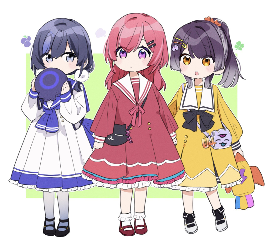 &gt;:( 3girls :d age_switch aged_down aged_up alternate_costume alternate_hairstyle alternate_height amagase_muyu black_bow black_bowtie black_hair blue_neckerchief blue_sailor_collar bow bowtie dress gradient_hair grey_eyes hair_ornament hairclip height_switch highres kindergarten_uniform long_sleeves loose_clothes low_twintails multicolored_hair multiple_girls neckerchief nijisanji pink_eyes pom_pom_(clothes) ponto_nei ponytail ranunculus_(nijisanji) red_ribbon red_skirt redhead ribbon sailor_collar school_uniform skirt sleeves_past_wrists smile srkm_ice streaked_hair twintails ufo_hair_ornament umise_yotsuha v-shaped_eyebrows virtual_youtuber yellow_eyes