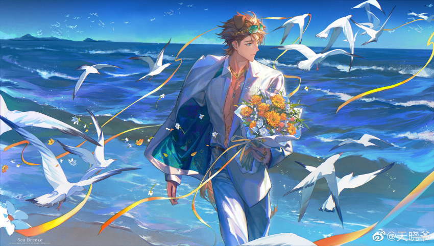 1boy abs absurdres animal_ears ansels5062 aqua_eyes arknights beach bird black_footwear blonde_hair blue_sky bouquet cropped_legs day dog_boy dog_ears dog_tail ear_piercing eyewear_on_head floating_clothes floating_hair flower formal highres holding holding_bouquet jacket jewelry looking_to_the_side male_focus multiple_rings necklace ocean one_eye_closed open_clothes open_shirt outdoors pants piercing ribbon ring running seagull shirt sky solo suit sunglasses tail tequila_(arknights) tinted_eyewear watermark white_flower white_jacket white_pants white_shirt yellow_flower yellow_ribbon