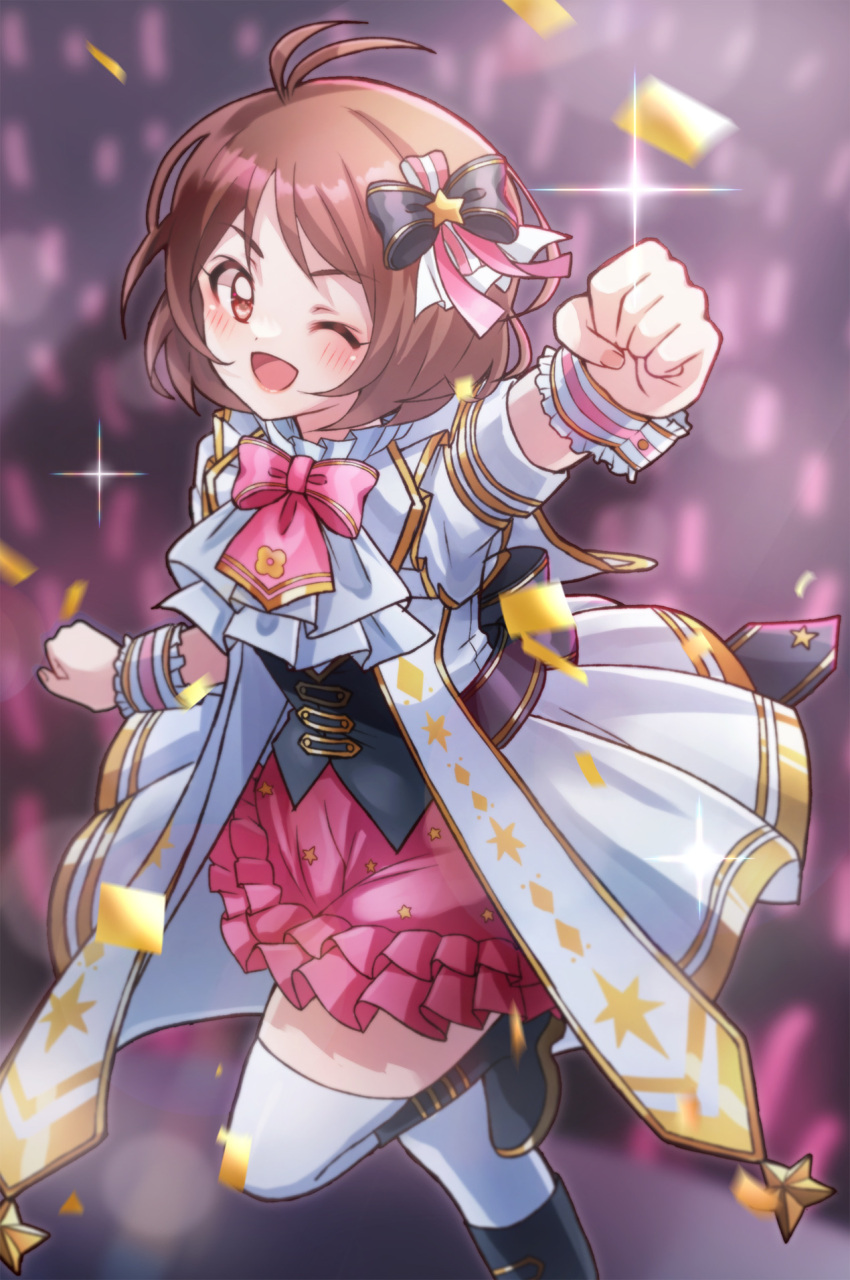 1girl 81_(mellowry) ;d antenna_hair blurry blurry_background blush boots bow bowtie brown_hair clenched_hands foreshortening glowstick hidaka_ai highres idol idolmaster idolmaster_dearly_stars knee_boots looking_at_viewer one_eye_closed pink_bow pink_bowtie pink_skirt short_hair skirt smile solo standing standing_on_one_leg thigh-highs white_thighhighs wrist_cuffs