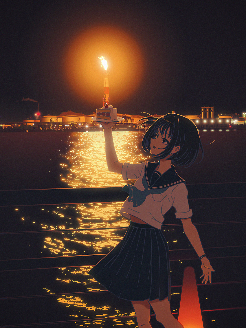 1girl amemori_sayo aqua_neckerchief arm_up aura bay black_hair black_sailor_collar black_skirt cake cake_slice commentary feet_out_of_frame film_grain fire flame flare_stack floating_hair food forced_perspective from_side highres holding holding_cake holding_food looking_at_object looking_up midriff_peek neckerchief night nijisanji nkymyura official_alternate_costume oil_refinery one_side_up open_mouth outdoors pleated_skirt railing reflection reflective_water sailor_collar scenery school_uniform serafuku short_hair short_sleeves sideways_mouth silo skirt smile solo standing summer_uniform traffic_cone virtual_youtuber watch watch water