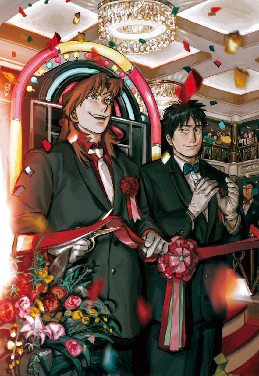 6+boys black_eyes black_hair black_jacket black_pants blue_bow blue_bowtie bouquet bow bowtie brown_eyes brown_hair chandelier clapping closed_mouth collared_shirt commentary confetti english_commentary flower formal gastrapoda gloves highres holding holding_scissors ichijou_seiya indoors jacket kaiji long_hair long_sleeves looking_up male_focus medium_bangs multiple_boys murakami_tamotsu necktie open_mouth opening_ceremony pachinko pants pink_flower red_bow red_bowtie red_flower red_shirt scissors shirt short_hair smile suit upper_body white_gloves white_necktie white_shirt