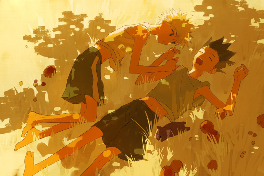 2boys apple barefoot black_hair blue_eyes closed_eyes food fruit gon_freecss green_shorts highres hunter_x_hunter killua_zoldyck looking_at_another lying male_child male_focus multiple_boys myyykco on_back on_grass on_ground on_side one_piece outdoors shirt short_hair shorts sleeveless smile spiky_hair tank_top white_hair white_shirt