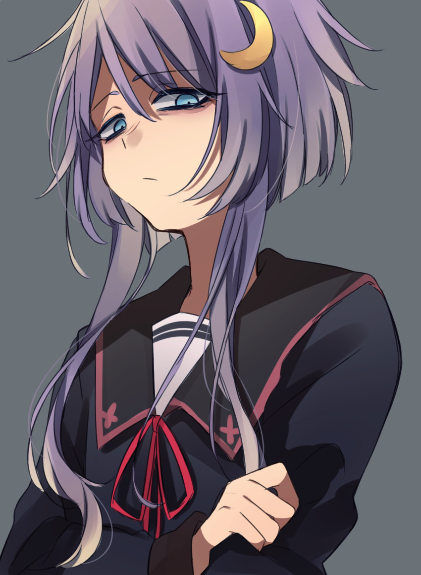 1girl black_sailor_collar blue_eyes closed_mouth crescent crescent_hair_ornament crossed_arms grey_background hair_between_eyes hair_ornament highres kantai_collection long_sleeves looking_at_viewer purple_hair sailor_collar school_uniform serafuku short_hair_with_long_locks simple_background solo sumoffu upper_body yayoi_(kancolle)