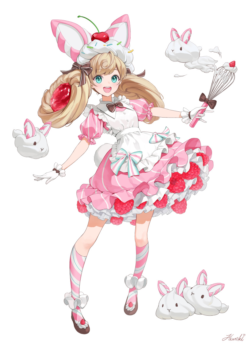 1girl :d absurdres ahoge apron aqua_eyes artist_name blonde_hair bow bowtie brown_bow brown_bowtie buttons cherry commentary cream diagonal_stripes doughnut_hair_bun dress food frilled_apron frilled_dress frilled_gloves frilled_sleeves frills fruit full_body gloves hair_bow hair_bun happy heartki highres holding holding_whisk kneehighs layered_dress long_hair maid_apron mulberry open_mouth original pink_dress pink_socks puffy_short_sleeves puffy_sleeves shoes short_sleeves sidelocks signature simple_background smile socks solo standing strawberry striped striped_bow striped_socks teeth two-tone_socks upper_teeth_only whisk white_apron white_background white_gloves white_socks
