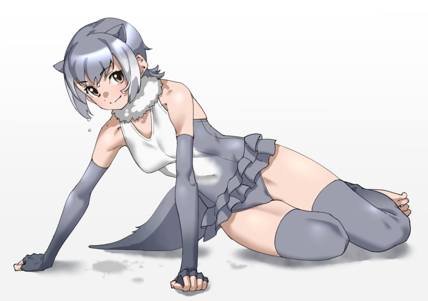 1girl animal_ears bare_shoulders barefoot blush commentary dripping elbow_gloves extra_ears fingerless_gloves frilled_one-piece_swimsuit frills fur_collar gloves grey_gloves grey_hair grey_one-piece_swimsuit grey_thighhighs highres kemono_friends looking_at_viewer one-piece_swimsuit otter_ears otter_girl otter_tail short_hair sidelocks sitting small-clawed_otter_(kemono_friends) smile solo swimsuit tail tanabe_(fueisei) thigh-highs toeless_legwear two-tone_one-piece_swimsuit white_fur white_hair white_one-piece_swimsuit yellow_eyes