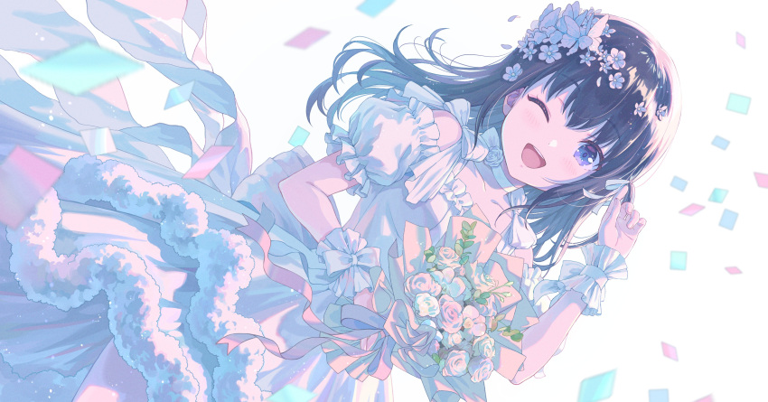 1girl ;d absurdres bare_shoulders black_hair bouquet bow butterfly_hair_ornament choker collarbone confetti dress dutch_angle flower frills hair_flower hair_ornament highres holding holding_bouquet idoly_pride long_hair looking_at_viewer nagase_mana one_eye_closed open_mouth pink_flower puffy_short_sleeves puffy_sleeves ribbon rose short_sleeves sleeveless smile solo white_dress white_flower white_ribbon wrist_cuffs