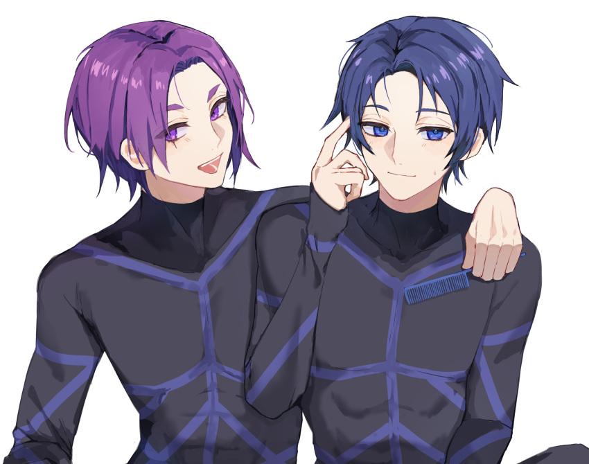 2boys black_bodysuit blue_eyes blue_hair blue_lock bodysuit closed_mouth comb hand_on_another's_shoulder hand_up highres holding holding_comb isagi_yoichi koumimi long_sleeves looking_at_viewer male_focus mikage_reo multiple_boys open_mouth parted_bangs purple_hair short_eyebrows short_hair simple_background sleeves_past_wrists smile upper_body violet_eyes white_background