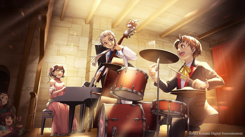 2boys 3girls brown_eyes brown_hair character_request closed_eyes closed_mouth dress flower gensou_suikoden gensou_suikoden_ii hair_flower hair_ornament highres instrument jowy_atreides-blight multiple_boys multiple_girls music nanami_(suikoden) open_mouth piano pilika_(suikoden) pink_dress playing_instrument riou_(gensou_suikoden) sassa_(cb) short_hair sitting smile