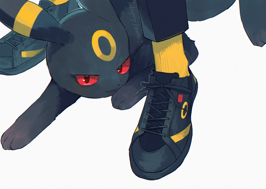 1other black_footwear black_pants closed_mouth commentary_request highres kikuyoshi_(tracco) looking_at_viewer lying pants pokemon pokemon_(creature) red_eyes shoes smile sneakers socks umbreon white_background yellow_socks
